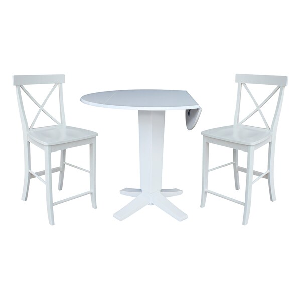International Concepts 42 in. Solid Wood Dual Drop Leaf Dining Table with 2 Counter Height Stools in White - K08-42DPT-23-S6132-2