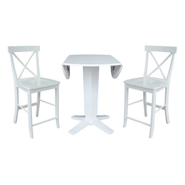 International Concepts 42 in. Solid Wood Dual Drop Leaf Dining Table with 2 Counter Height Stools in White - K08-42DPT-23-S6132-2