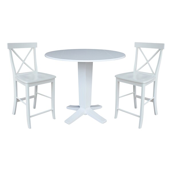 International Concepts 42 in. Solid Wood Dual Drop Leaf Dining Table with 2 Counter Height Stools in White - K08-42DPT-23-S6132-2
