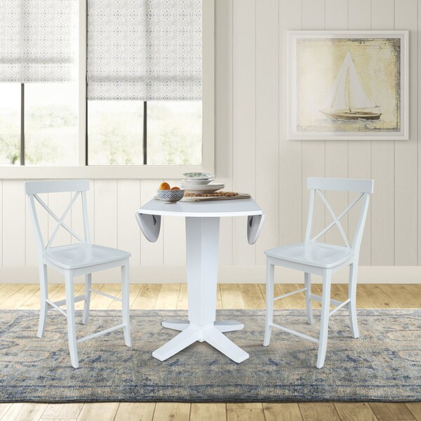 International Concepts 42 in. Solid Wood Dual Drop Leaf Dining Table with 2 Counter Height Stools in White - K08-42DPT-23-S6132-2