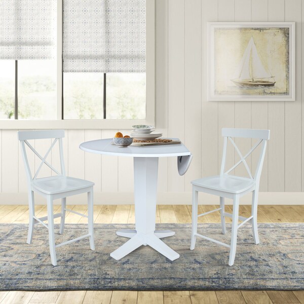 International Concepts 42 in. Solid Wood Dual Drop Leaf Dining Table with 2 Counter Height Stools in White - K08-42DPT-23-S6132-2