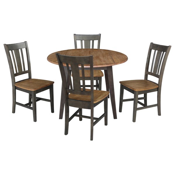 International Concepts 42 in. Solid Wood Round Dual Drop Leaf Dining Table with 4 Chairs in Hickory/Washed Coal - K45-42DL-C10-4