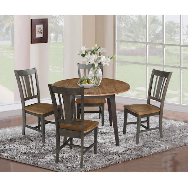 International Concepts 42 in. Solid Wood Round Dual Drop Leaf Dining Table with 4 Chairs in Hickory/Washed Coal - K45-42DL-C10-4