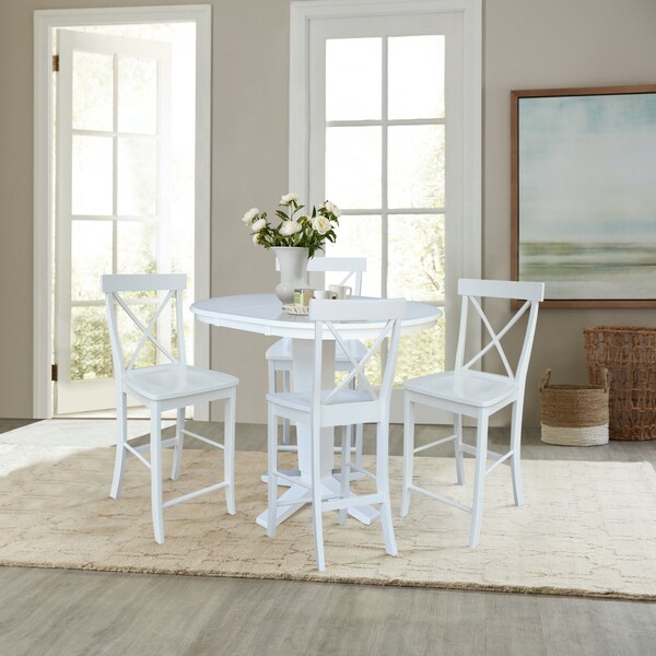 International Concepts 36 in. Solid Wood Round Extension Dining Table with 4 Counter Height Stools in White - K08-36RXT-23-S6132-4