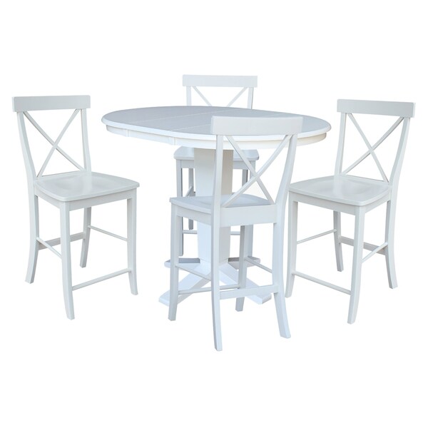 International Concepts 36 in. Solid Wood Round Extension Dining Table with 4 Counter Height Stools in White - K08-36RXT-23-S6132-4