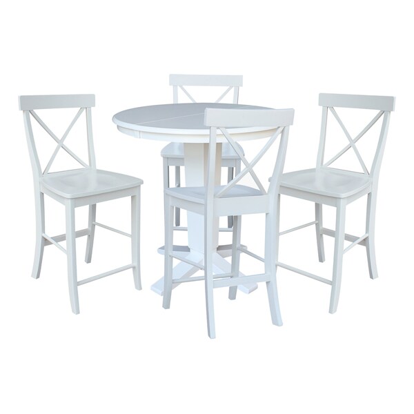 International Concepts 36 in. Solid Wood Round Extension Dining Table with 4 Counter Height Stools in White - K08-36RXT-23-S6132-4