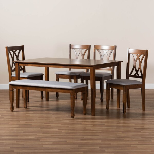 Baxton Studio Reneau Grey Upholstered and Walnut Wood 6-Piece Dining Set - 173-9882-10923-10520