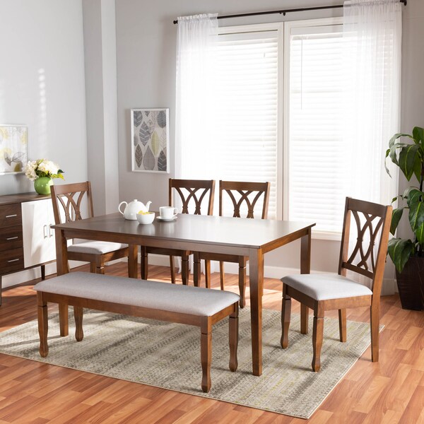 Baxton Studio Reneau Grey Upholstered and Walnut Wood 6-Piece Dining Set - 173-9882-10923-10520