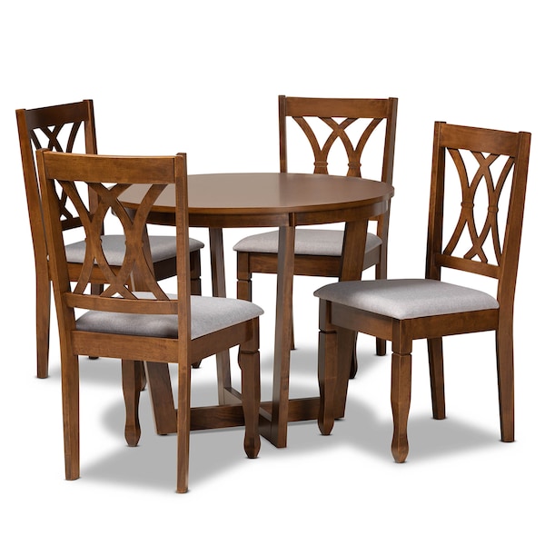Baxton Studio Aggie Grey Upholstered and Walnut Wood 5-Piece Dining Set - 173-9882-10897