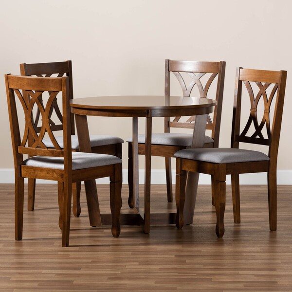 Baxton Studio Aggie Grey Upholstered and Walnut Wood 5-Piece Dining Set - 173-9882-10897