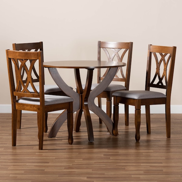 Baxton Studio April Grey Upholstered and Walnut Wood 5-Piece Dining Set - 173-9882-10901