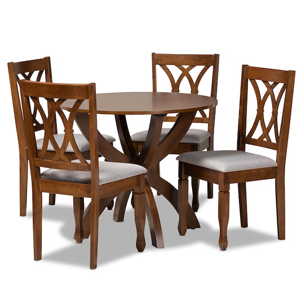 Baxton Studio April Grey Upholstered and Walnut Wood 5-Piece Dining Set - 173-9882-10901