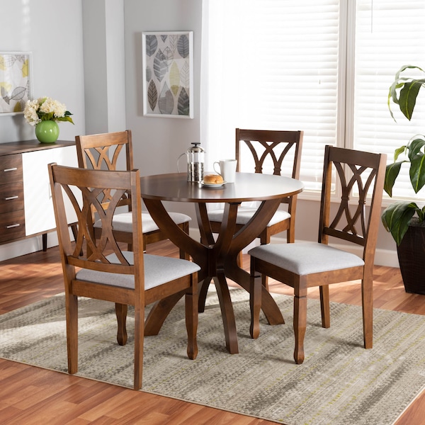 Baxton Studio April Grey Upholstered and Walnut Wood 5-Piece Dining Set - 173-9882-10901