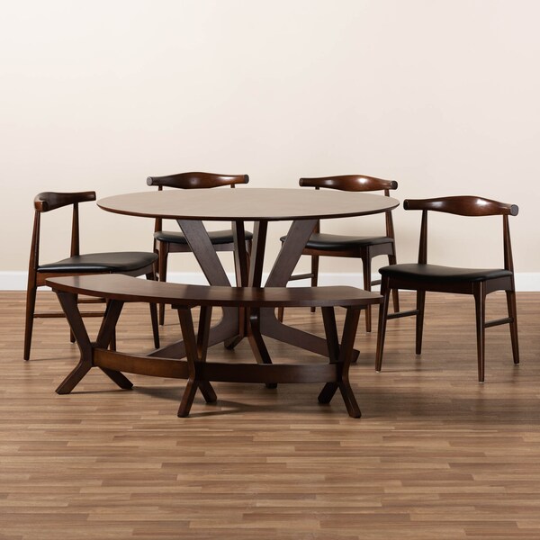 Baxton Studio Berlin Black Upholstered Walnut Finished 6-Piece Wood Dining Set - 155-9547-9546-9545