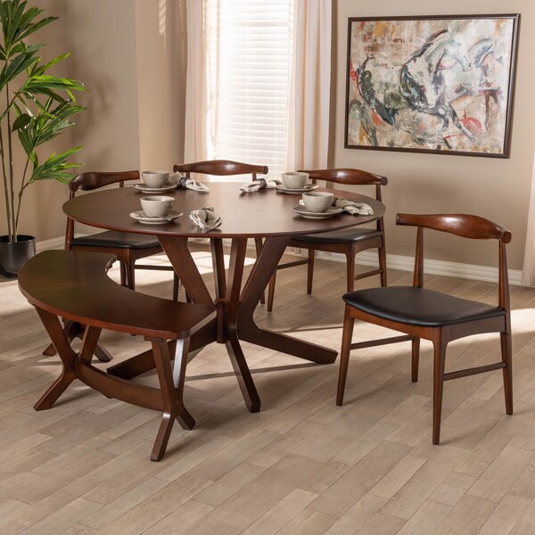 Baxton Studio Berlin Black Upholstered Walnut Finished 6-Piece Wood Dining Set - 155-9547-9546-9545