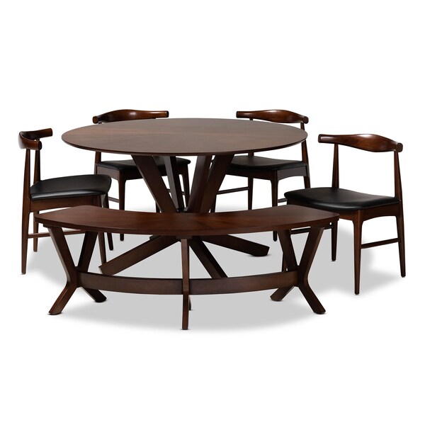 Baxton Studio Berlin Black Upholstered Walnut Finished 6-Piece Wood Dining Set - 155-9547-9546-9545