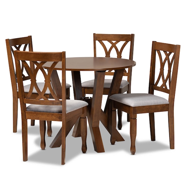 Baxton Studio Irene Grey Upholstered and Walnut Wood 5-Piece Dining Set - 173-9882-10899