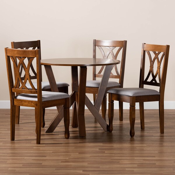 Baxton Studio Irene Grey Upholstered and Walnut Wood 5-Piece Dining Set - 173-9882-10899