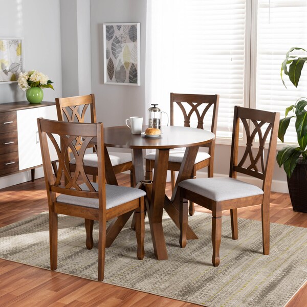 Baxton Studio Irene Grey Upholstered and Walnut Wood 5-Piece Dining Set - 173-9882-10899