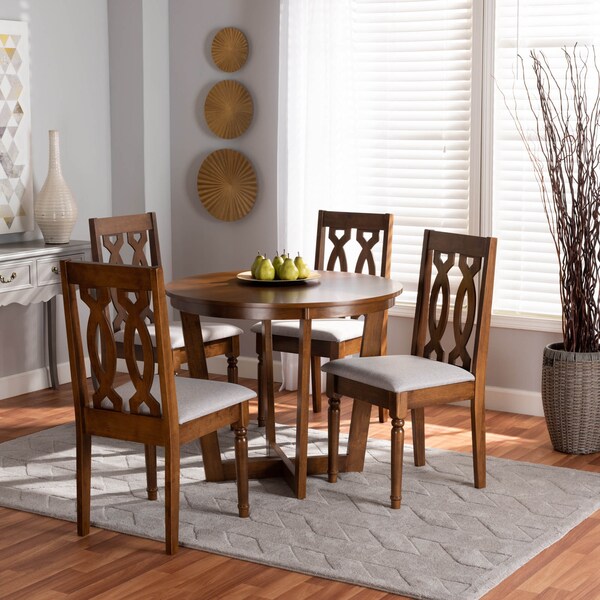 Baxton Studio Julie Grey Upholstered and Walnut Wood 5-Piece Dining Set - 172-9878-10897