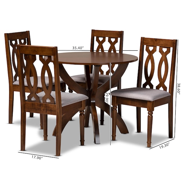 Baxton Studio Mona Grey Upholstered and Walnut Wood 5-Piece Dining Set - 172-9878-10901