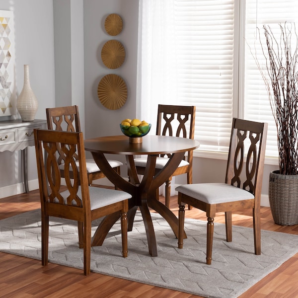 Baxton Studio Mona Grey Upholstered and Walnut Wood 5-Piece Dining Set - 172-9878-10901