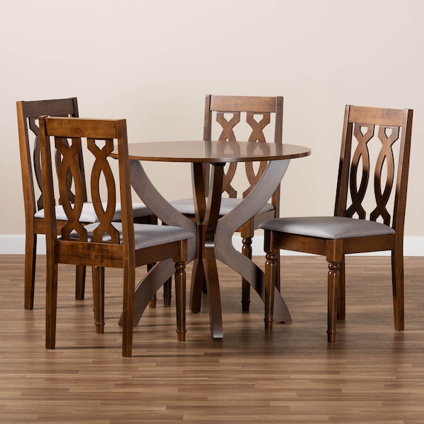 Baxton Studio Mona Grey Upholstered and Walnut Wood 5-Piece Dining Set - 172-9878-10901