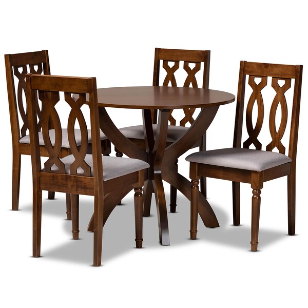 Baxton Studio Mona Grey Upholstered and Walnut Wood 5-Piece Dining Set - 172-9878-10901