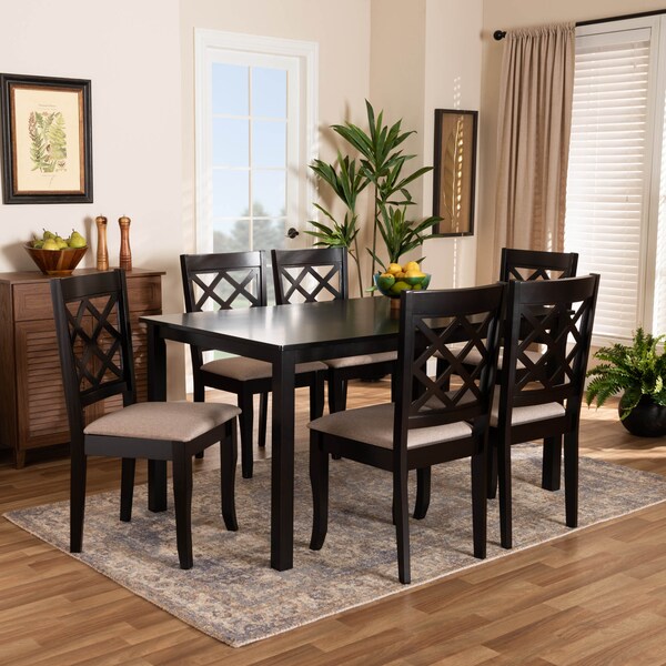 Baxton Studio Verner Sand Upholstered Dark Brown Finished 7-Piece Wood Dining Set - 170-10531-10519