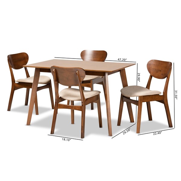 Baxton Studio Katya Mid-Century Modern Sand Fabric and Walnut Brown Finished Wood 5-Piece Dining Set - 183-11636-11644-ZORO