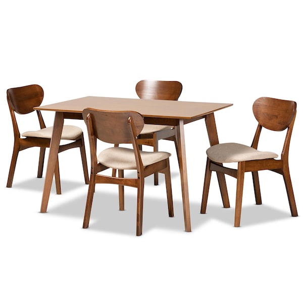 Baxton Studio Katya Mid-Century Modern Sand Fabric and Walnut Brown Finished Wood 5-Piece Dining Set - 183-11636-11644-ZORO