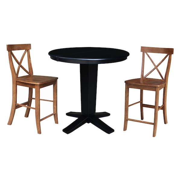 International Concepts 36 in. Solid Wood Round Extension Dining Table with 2 Counter Height Stools in Black/Distressed Oak - K46-36RXT-23S4261322