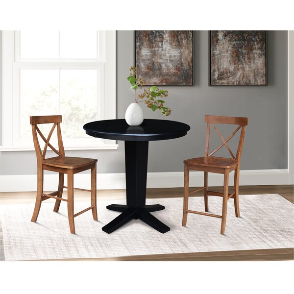 International Concepts 36 in. Solid Wood Round Extension Dining Table with 2 Counter Height Stools in Black/Distressed Oak - K46-36RXT-23S4261322