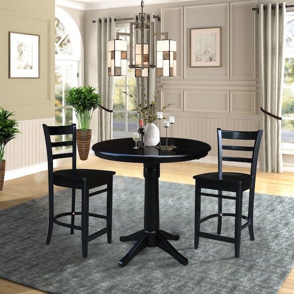 International Concepts 36 in. Round Extension Dining Table with 2 Emily Counter Height Stools - 3 Piece Set - K46-36RXT-27-S6172-2