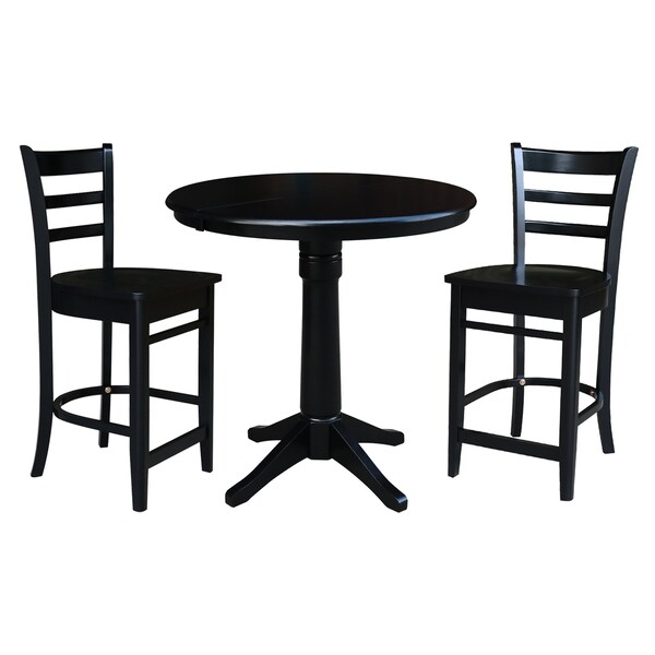 International Concepts 36 in. Round Extension Dining Table with 2 Emily Counter Height Stools - 3 Piece Set - K46-36RXT-27-S6172-2