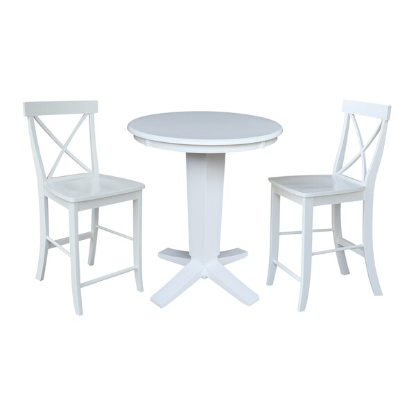 International Concepts 30 in. Solid Wood Round Top Pedestal Dining Table with 2 Counter Height Stools in White - K08-30RT-23B-S6132-2