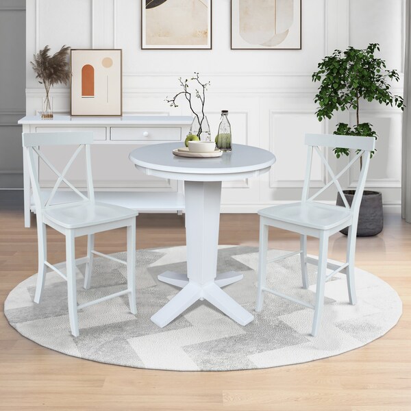 International Concepts 30 in. Solid Wood Round Top Pedestal Dining Table with 2 Counter Height Stools in White - K08-30RT-23B-S6132-2
