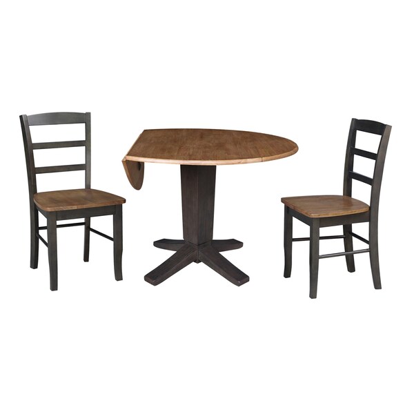 International Concepts 42 in. Solid Wood Round Drop Leaf Pedestal Table with 2 Dining Chairs in Hickory/Washed Coal - K45-42DPT-23B-C2-2
