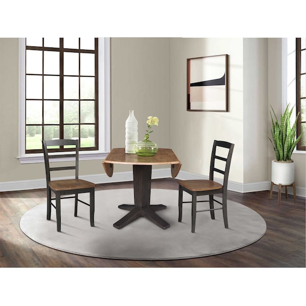 International Concepts 42 in. Solid Wood Round Drop Leaf Pedestal Table with 2 Dining Chairs in Hickory/Washed Coal - K45-42DPT-23B-C2-2