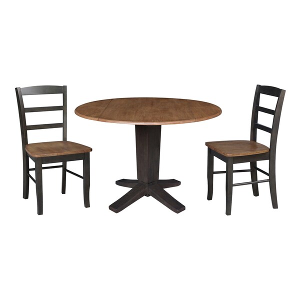 International Concepts 42 in. Solid Wood Round Drop Leaf Pedestal Table with 2 Dining Chairs in Hickory/Washed Coal - K45-42DPT-23B-C2-2