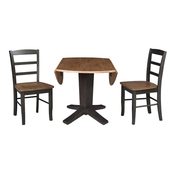 International Concepts 42 in. Solid Wood Round Drop Leaf Pedestal Table with 2 Dining Chairs in Hickory/Washed Coal - K45-42DPT-23B-C2-2