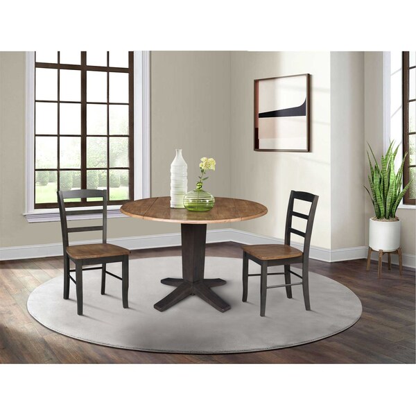International Concepts 42 in. Solid Wood Round Drop Leaf Pedestal Table with 2 Dining Chairs in Hickory/Washed Coal - K45-42DPT-23B-C2-2