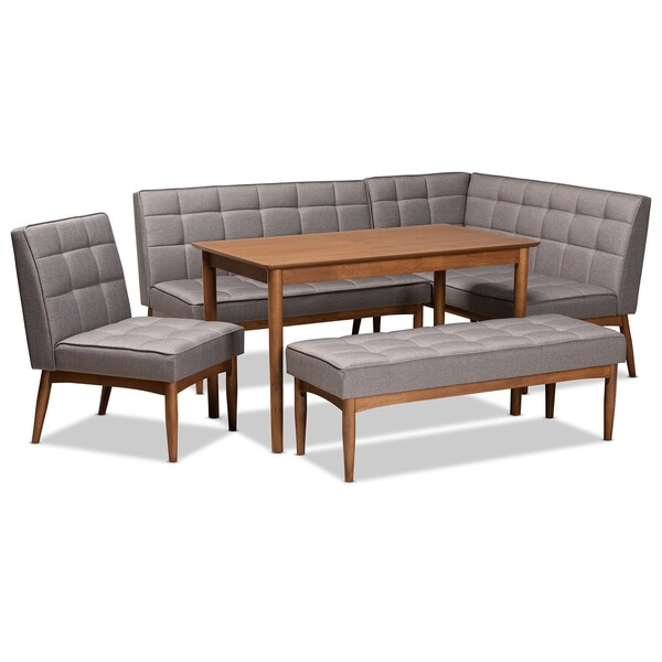 Baxton Studio Sanford Mid-Century Modern Grey Fabric and Walnut Brown Finished Wood 5-Piece Dining Nook Set - 184-11340-11341-11342-9305-ZORO