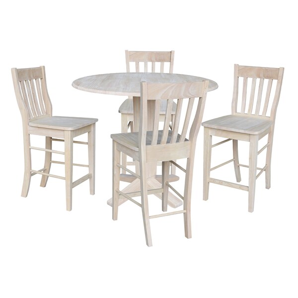 International Concepts 42 in Round Drop Leaf Counter Height Dining Table with 4 Stools in Unfinished - 5 Piece Set - K-42DPT-23B-S6162-4