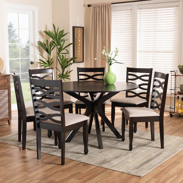 Baxton Studio Mila Sand Upholstered Dark Brown Finished Wood 7-Piece Dining Set - 170-10529-10894