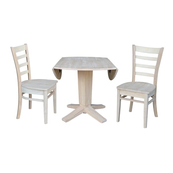 International Concepts 42 in. Solid Wood Round Drop Leaf Pedestal Table with 2 Dining Chairs, Unfinished - K-42DPT-23B-C617-2