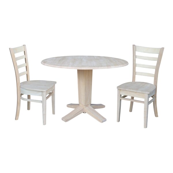International Concepts 42 in. Solid Wood Round Drop Leaf Pedestal Table with 2 Dining Chairs, Unfinished - K-42DPT-23B-C617-2