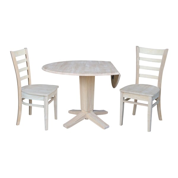 International Concepts 42 in. Solid Wood Round Drop Leaf Pedestal Table with 2 Dining Chairs, Unfinished - K-42DPT-23B-C617-2