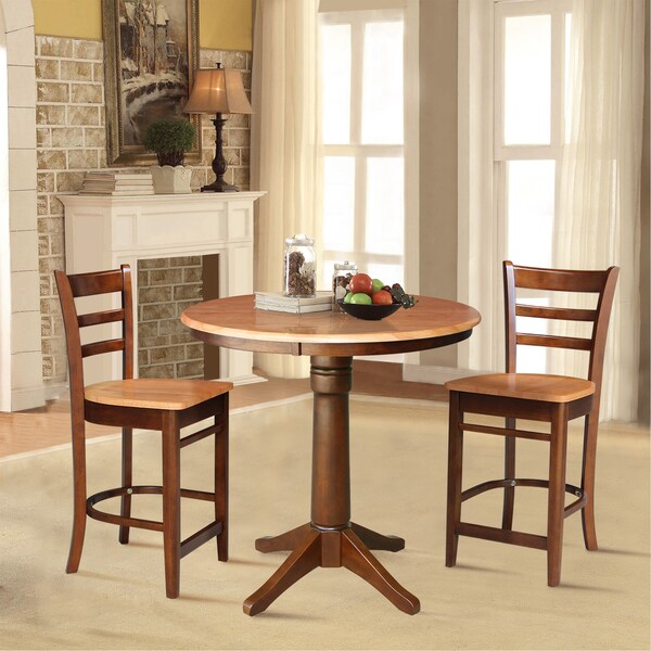 International Concepts 36 in. Solid Wood Round Top Pedestal Counter Height Dining Table with 2 Stools, Cinnamon/Espresso - K58-36RT-27B-S6172-2