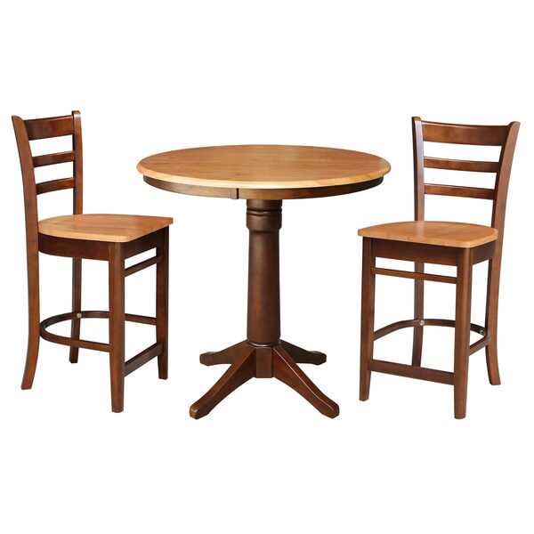 International Concepts 36 in. Solid Wood Round Top Pedestal Counter Height Dining Table with 2 Stools, Cinnamon/Espresso - K58-36RT-27B-S6172-2